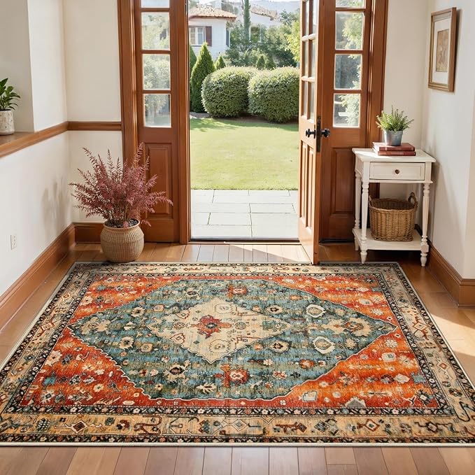 SERISSA 3x4 Washable Non Slip Boho Area Rug for Entryway | Ultra Soft Vintage Oriental Carpet Low-Pile Distressed Tribal Indoor Entrance Carpet for Kitchen Bedroom Living Room Dorm
