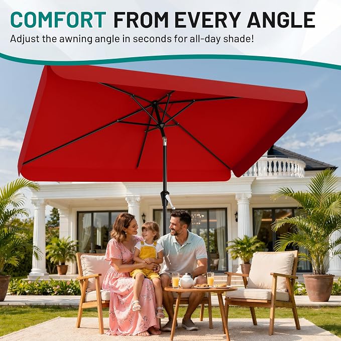 AreShark 6.5 x 10 FT Rectangular Valance Patio Umbrella, Outdoor Umbrella with Tilt and Crank, Market Table Umbrellas W/ 6 Ribs UV Protection for Garden, Deck, Backyard and Pool, Red
