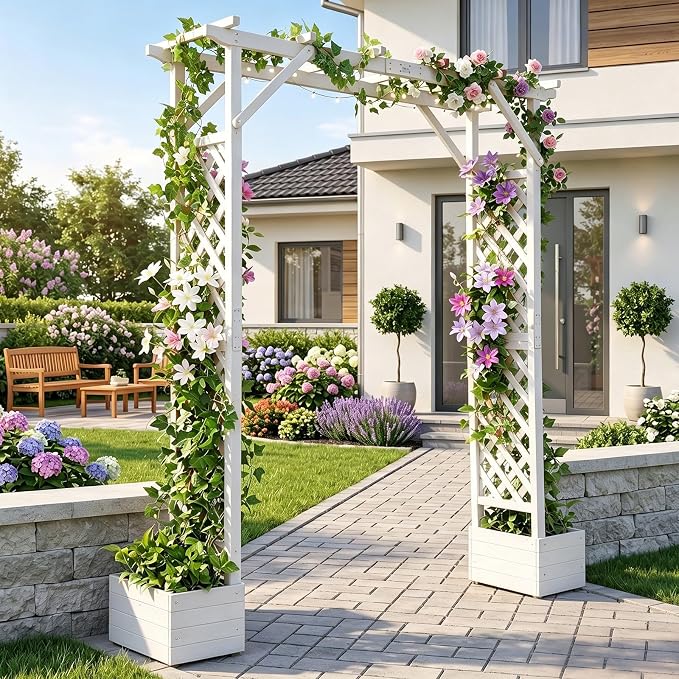 VINGLI Wooden Garden Arbor with Planter, Wedding Arch for Ceremony, Wood Garden Arbour Trellis for Plant Climbing, Pergola for Garden Backyard, Lawn, Outdoor (White)