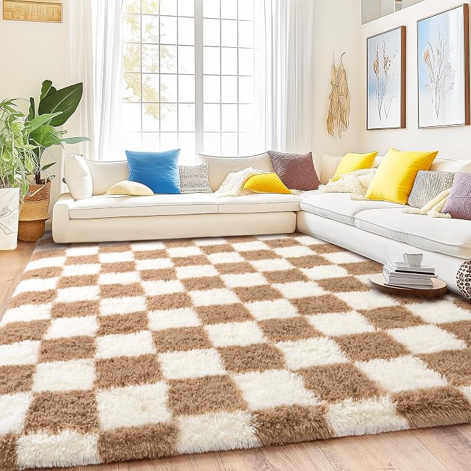 Checkered Rug for Living Room 8x10, Ultra Fluffy Fuzzy Shag Large Area Rug for Bedroom, Modern Plush Soft Upgrade Non-Slip Carpet for Kids Girls and Boys Room Dorm Home Decor, Cream and Camel