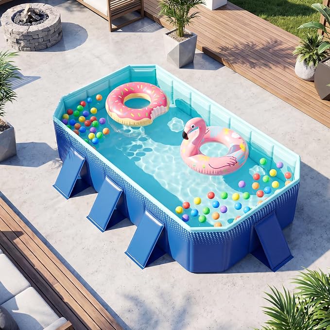 Goplus Foldable Non-Inflatable Swimming Pool, Portable Rectangle Around Ground Pool with 24 Hard Shell, Drain Hose, Outdoor Collapsible Kiddie Pool for Backyard Garden (Navy+Green,88x50 in)