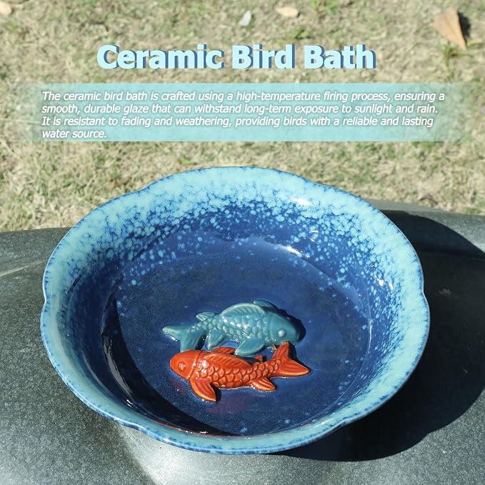 10" W Ceramic Bird Bath Bowl,Bird Bath for Outside with 2 Koi Fish Decor.