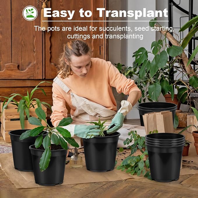 6 Pack 5 Gallon Pots for Plants, 5 Gallon Plastic Nursery Pot with Drainage Holes, Sturdy Plastic Plant Pots for Nursery Garden, Flowers, Succulent Outdoor Indoor (Black, 5 Gal- 6 Pack)