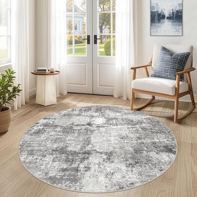 DMOYEST 5ft Round Area Rug for Living Room Washable Non Slip Circle Rug | 5x5 Neutral Modern Abstract Low Pile Rugs Kid & Pet Friendly Soft Carpet for Bedroom and Dining Room - Grey