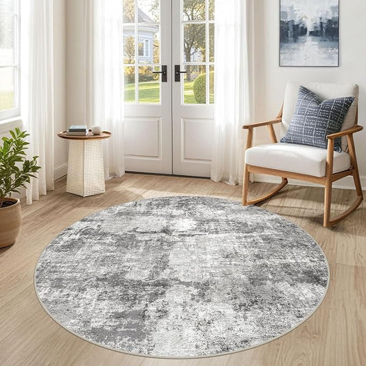 DMOYEST 5ft Round Area Rug for Living Room Washable Non Slip Circle Rug | 5x5 Neutral Modern Abstract Low Pile Rugs Kid & Pet Friendly Soft Carpet for Bedroom and Dining Room - Grey