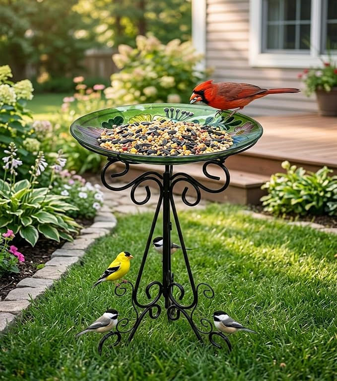 Large Bird Bath for Outside, Glass Bath Bowl with Metal Stand 28" H Standing Outdoor Birdbaths for Garden Yard Lawn Decor, Dragonfly-New