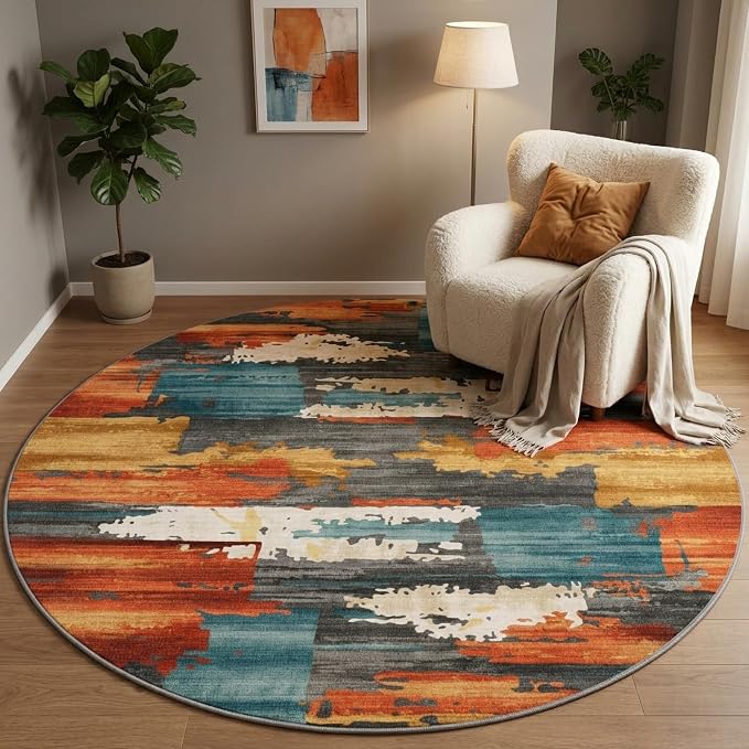 6Ft Burnt Orange and Teal Abstract Brushstroke Area Rug | Soft Low-Pile Machine-Washable Rug with Non-Slip Backing for Dining Rooms, Entryways and Reading Areas for Easy Everyday Care