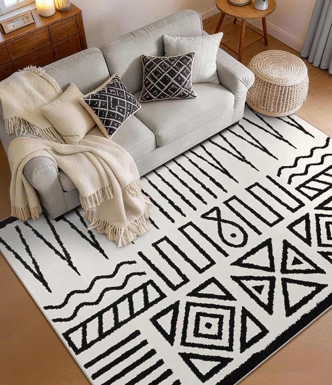 Living Room Rug 5x7- Black and Cream Rug for Bedroom Dining Room, Abstract Modern Washable Non-Slip Ultra-Thin Area Rug Symbol,5x7ft