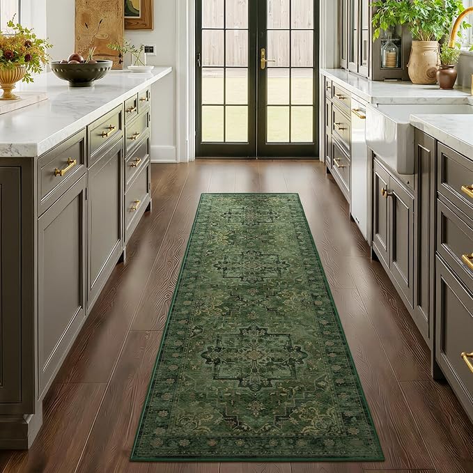 Dark Green 2'6''x8' Kitchen Runner Rug, Retro Distressed Moody Medallion Runners for Hallways Non Slip Washable, Low Pile Thin Entryway Runner Rug Indoor Foyer Mudroom Bedroom