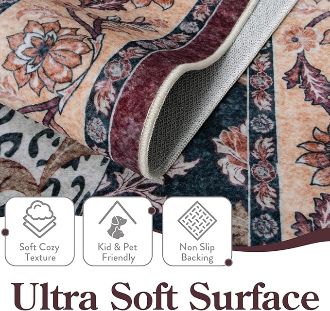 Moynesa Leopard Washable Area Rugs for Living Room, 5x7 Vintage Soft Rug for Bedroom, Non Slip Boho Ultra Thin Large Stain Resistant Throw Rug for Dining Guest Room, Puce Red