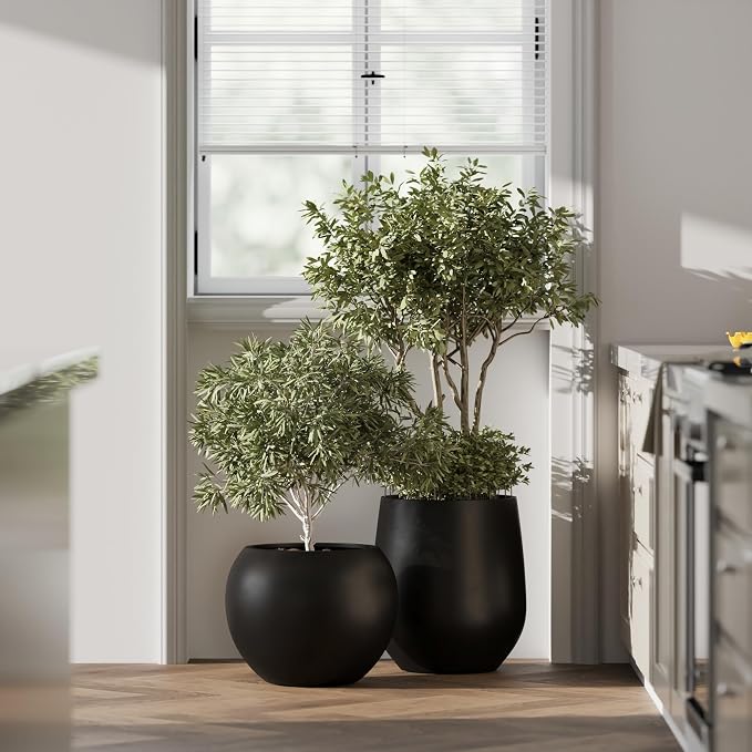 DTY Fiberstone Large Round Planter for Indoor Outdoor Use — Ball Globe Pot for Olive Tree, Monstera & Large Plants, Lightweight, UV Resistant, Drainage Hole, Coco Mat Included, Black, Medium 16.1'' D