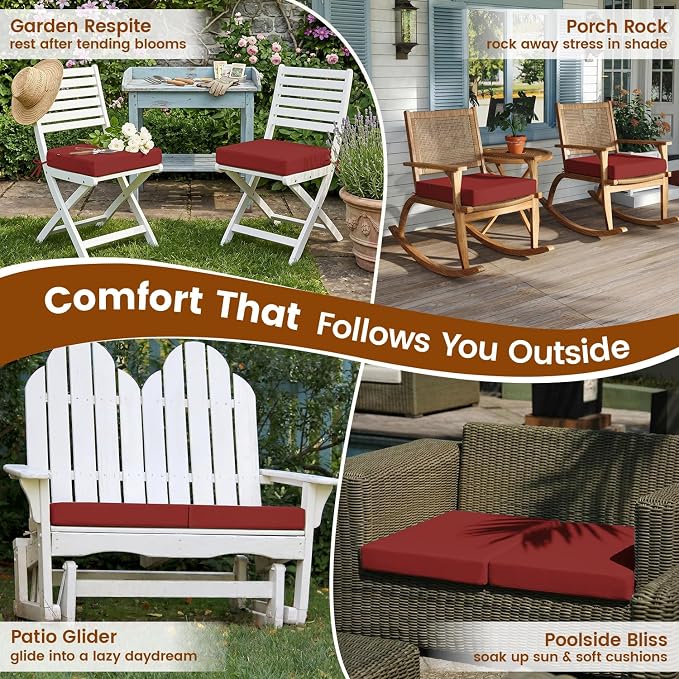 Favoyard Patio Chair Square Cushions Set of 2, Red, 24 x 24 x 4 inches | 5-Year Fade-resistant & Water-resistant Memory Foam Pad with Removable Cover & Ties for Outdoor Furniture Dining Chairs Seat