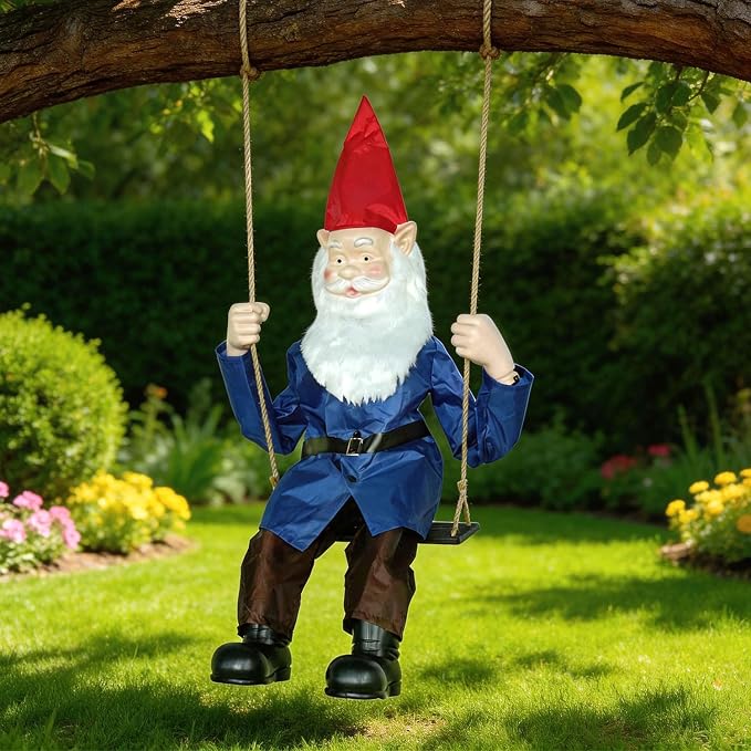 LarpGears Outdoor Spring Gnome Decor with Swing - Waterproof Yard and Garden Decorations, Realistic Hanging Gnome for Patio, Tree, or Yard