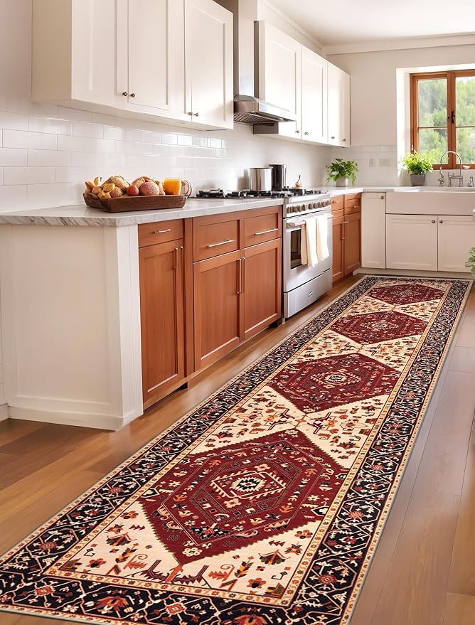 SERISSA 2'6"x12' Washable Non Slip Boho Runner Rug for Hallway，Red Black | Ultra Soft Vintage Oriental Carpet Low-Pile Tribal Floor Carpet for Kitchen Bedroom Entryway Bathroom Laundry Room