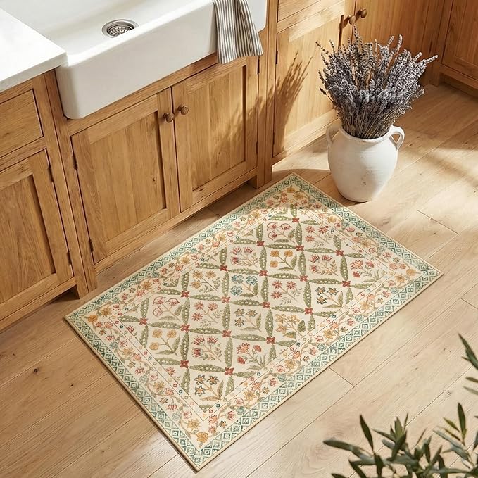 jinchan 2x3 Vintage Floral Washable Accent Entryway Area Rug, Teal Blue | Soft & Lightweight, Checkered Floral, Low Pile, Non Slip, Entrance, Kitchen, Bedroom, Laundry Room, Samll, Doormat