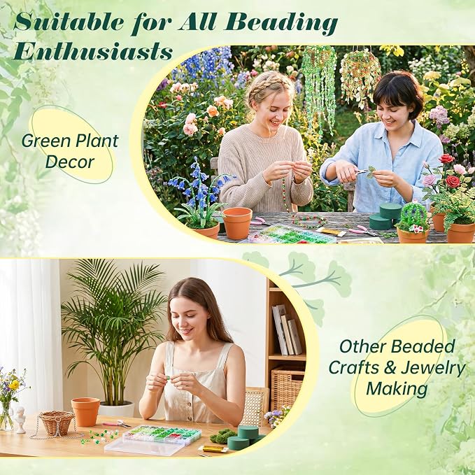 Ecoofor Green Beads Beaded Plant Kit, Makes 3 Plant Pots, Glass & Crystal Leaf Pieces, Video Tutorials Included, Handmade Gift for Plant Lovers, Beaded Plant Kit