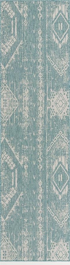 Unique Loom Outdoor Bohemian Collection Area Rug - Anthro (3' 3" x 12' Runner, Light Aqua/ Ivory)