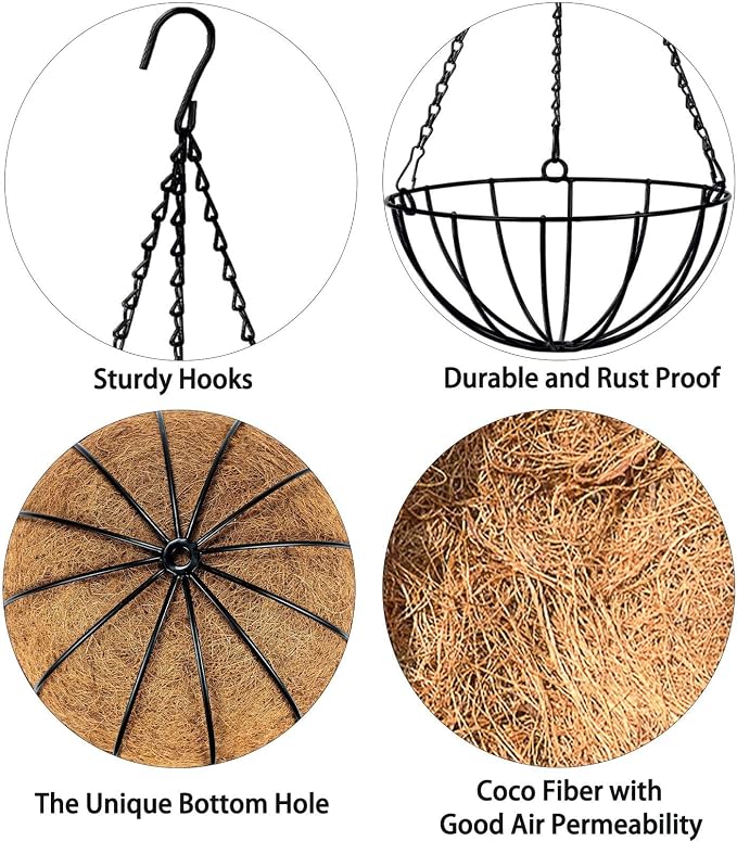 Kingbuy 12" Metal Hanging Basket for Herbs & Flowers – 6" Depth Rust-Resistant Wire with Coconut Liner & Adjustable Chains for Kitchen Window, Balcony & Garden - 2 Pack