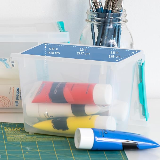 IRIS USA 2 Qt. Craft Storage Bins with Lids, 6-Pack, |Made in USA|, Clip Box, Small Tall Plastic Sensory Bin Tote Organizer Containers for Art Supplies, Paper, & Office, Stackable - Clear/Seafoam Blue