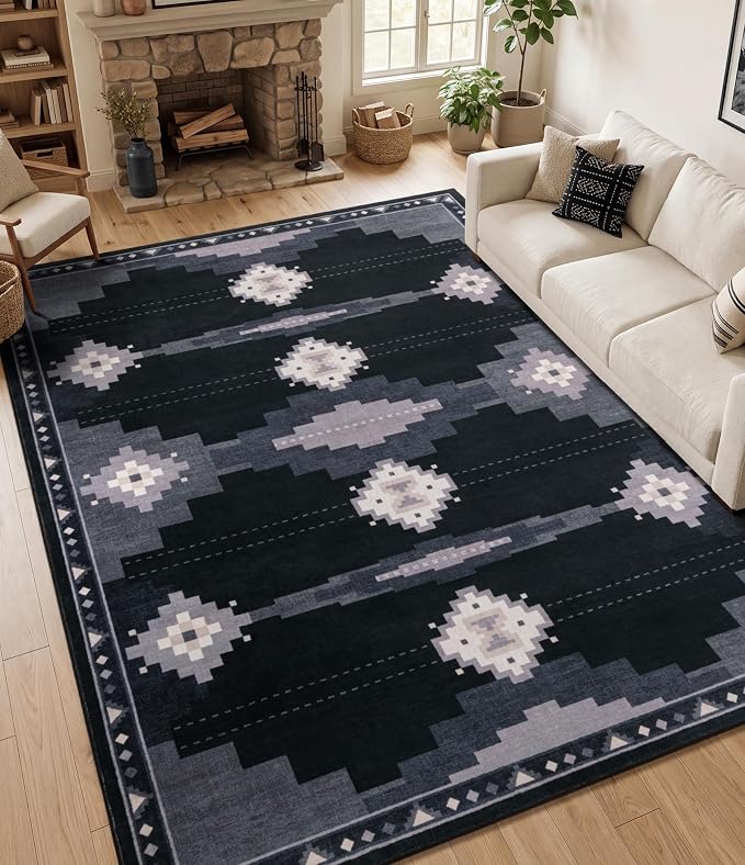 8'x10' Washable Large Living Room Area Rug, Black and Grey Tribal Aztec Rug | Soft, Non-Slip, Low Pile, Western Geometric Design, for Boy Bedroom Dining Room Playroom, Pet Friendly, Stain Resistant