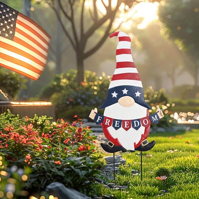 TERESA'S COLLECTIONS 4th of July Decorations, Patriotic Decorations for Memorial Day, 250th Independence Anniversary Metal Gnome Yard Art Stake, Freedom Outdoor Garden Lawn Patio Decor, 27''