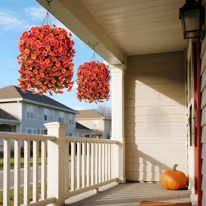 INXUGAO Artificial Flowers Plants with Hanging Basket, Fake Realistic Silk Morning Glory Petunia Long Vines, Faux Flower Arrangement for Outdoor Garden Patio Decor, OrangeRed