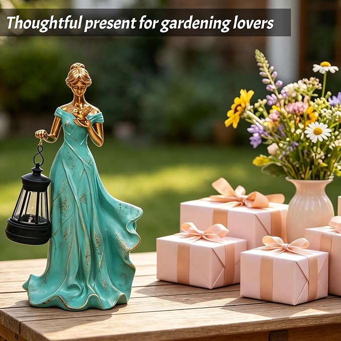 Solar Garden Statue Outdoor - Fairy Angel Statue Holding a Lantern, Waterproof Resin Vintage Green Girl Decoration for Yard Lawn for Woman Mom Grandma