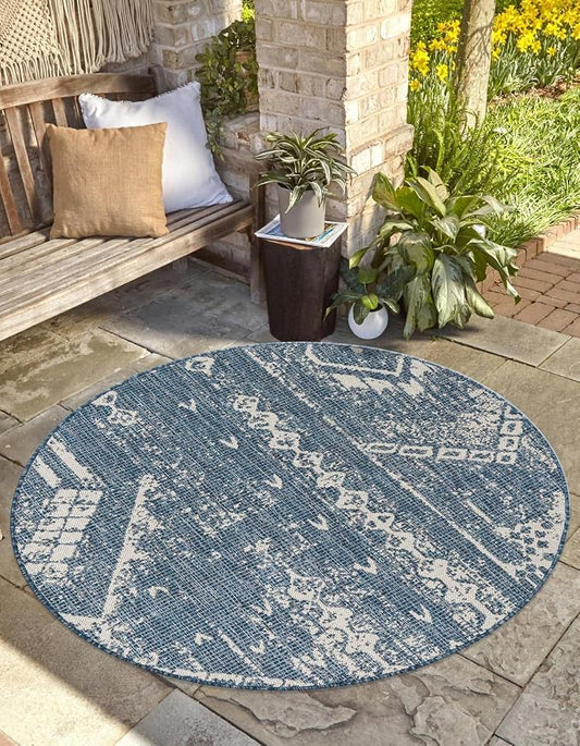 Unique Loom Outdoor Bohemian Collection Area Rug - Anthro (10' Round Blue/Ivory)