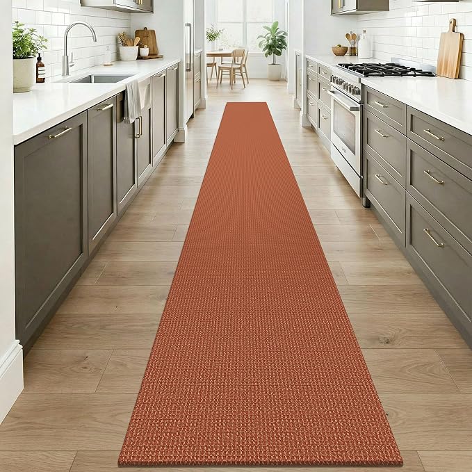 KOZYFLY Orange 2x20 Runners Rugs for Hallway, Extra Long Washable Runner Rug, Woven Non Slip Kitchen Runner, Cotton Entryway Rug, Floor Carpet for Entry, Aisle, Hall, Burnt Orange/Tan