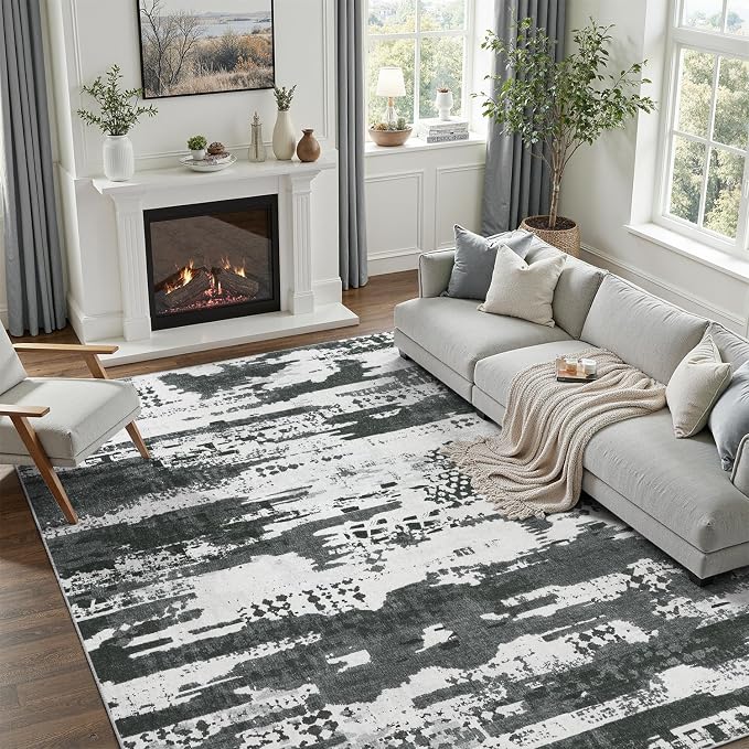 DCX Washable Abstract Area Rug 6x9, Non Slip Low Pile Rug, Black | Easy to clean, non-shedding, soft, kid & pet friendly, with a non-slip rubber backing for living rooms, bedrooms, and offices