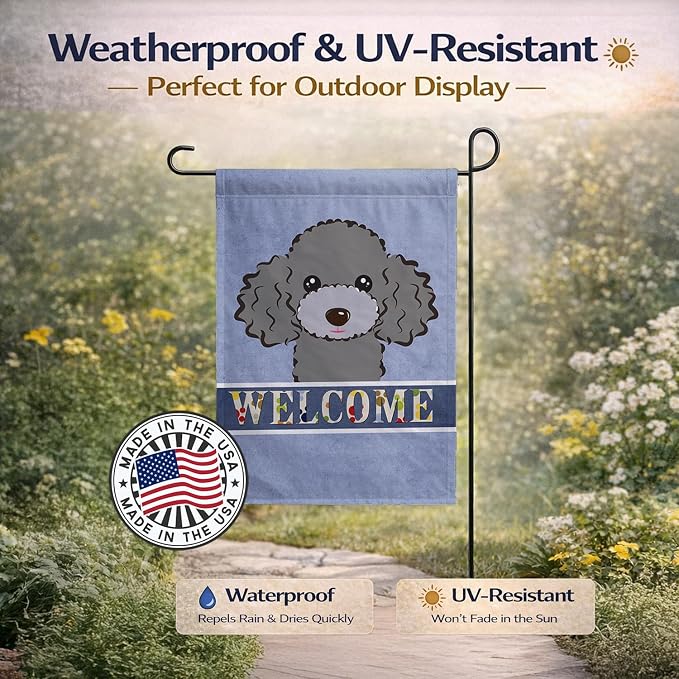 Caroline's Treasures BB1445GF Silver Gray Poodle Welcome Garden Flag, Blue Mailbox Flag Decorative Yard Flag Banner Outside Patio Artwork Yard Flower Beds, Garden Size, Multicolor
