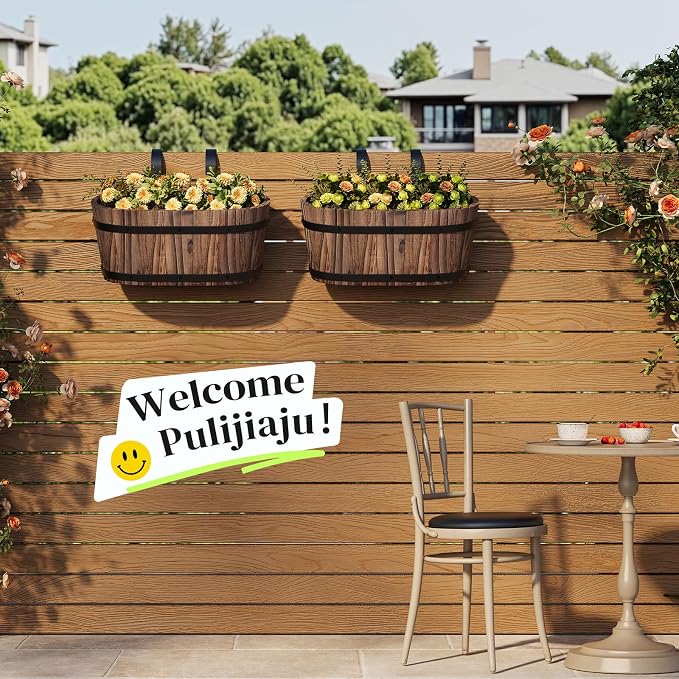 Railing Planters for Outdoor Plants Balcony Hanging Flower Pots with Detachable Hooks, Window Flower Box Hanging Bucket Pots Fence Planters for Garden Home Decor(Carbonized-2pack, Large)