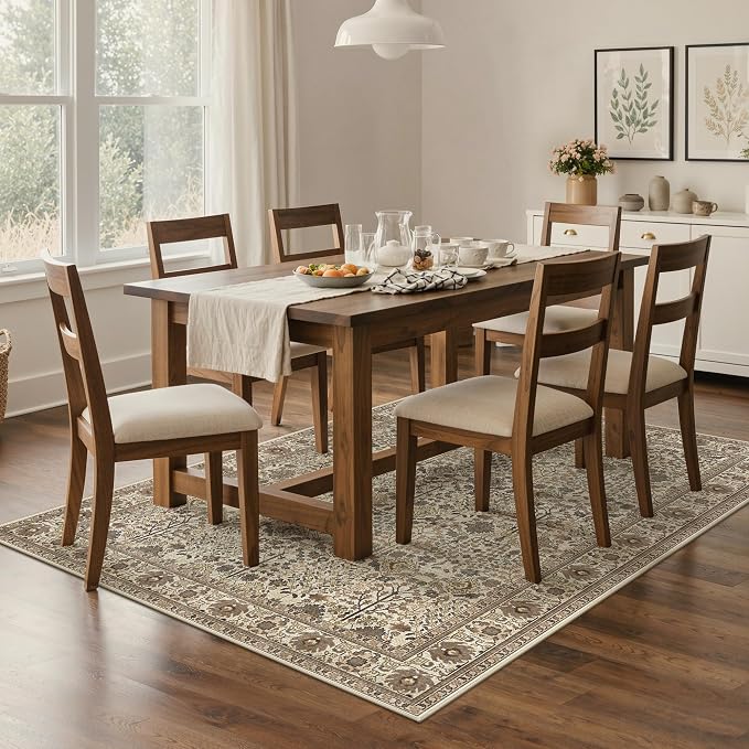 3x5 Area Rug for Living Room, Washable Low Pile, Dark Espresso | Vintage Distressed Design, Spill Resistant Lightweight Non-Shedding Carpet for Bedroom, Dining Room, Office