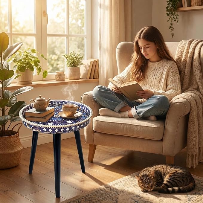 Gesodant Plastics Tray with Detachable Three Wooden 17.7 Inch Legs, Versatile Side Table with Tray Design, Perfect for Coffee, Tea, and Relaxation Time- Bohemian-Style (Purple Blue Flowers)