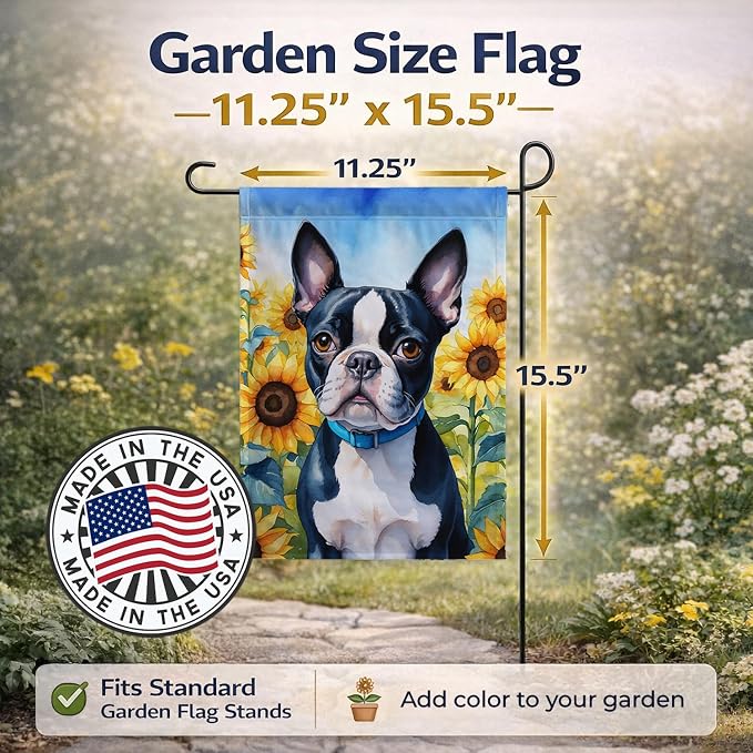Caroline's Treasures DAC6036GF Boston Terrier in Sunflowers Garden Flag Mailbox Flag Decorative Yard Flag Banner Outside Patio Artwork Yard Flower Beds, Garden Size, Multicolor