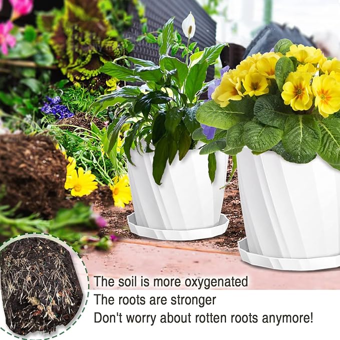 8 Inch Plant Pots with Drainage Holes and Saucers - Flower Pots for Indoor Plants - White Plastic Planters for Outdoor Plants - House Planting Pots Set