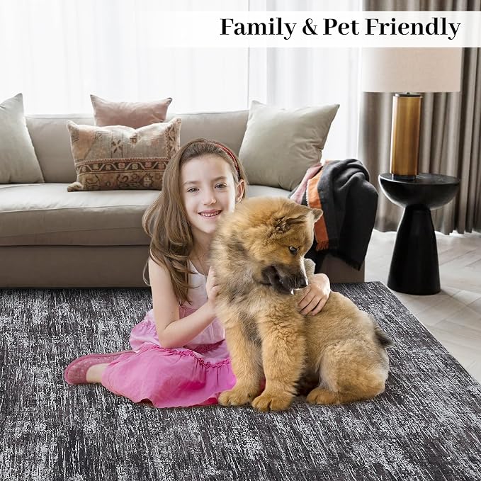 GarveeHome 9x12 Large Living Room Rug Machine Washable Area Rugs for Bedroom, Modern Solid Color Rugs with Rubber Backing, Stain Resistant Low Pile Neutral Mats for Bedroom, Dining Room, Dark Grey