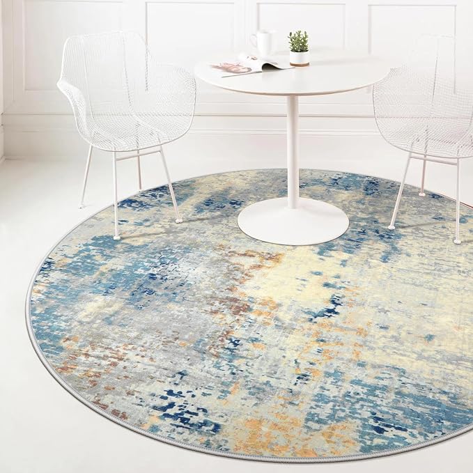 Lahome Washable Round Rug 5Ft, Blue Modern Abstract 5x5 Circle Rugs for Living Room Bedroom, Soft Contemporary Large Indoor Carpet for Kitchen Apartment Basement Home Office