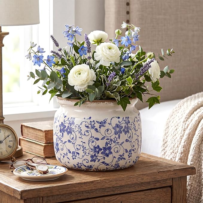 7.7" Large Vintage Ceramic Plant Pot Blue White Country Crackle Glaze Pot Rustic Morning Glory Flowers Planter with Drainage for Indoor Outdoor Plants Kitchen Office Home Decor Gift