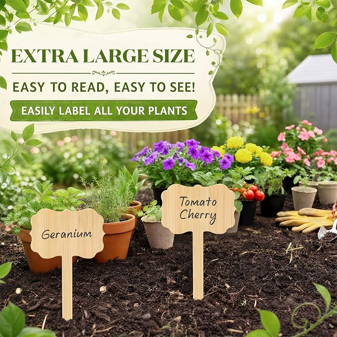 Hicarer 30 Pcs 9.4" x 5" Extra Large Bamboo Garden Markers, Retro Style Natural Wood T-Type Large Plant Labels for Herbs, Flowers & Vegetables – Easy to Read Full-Size Tags for Garden Outdoor