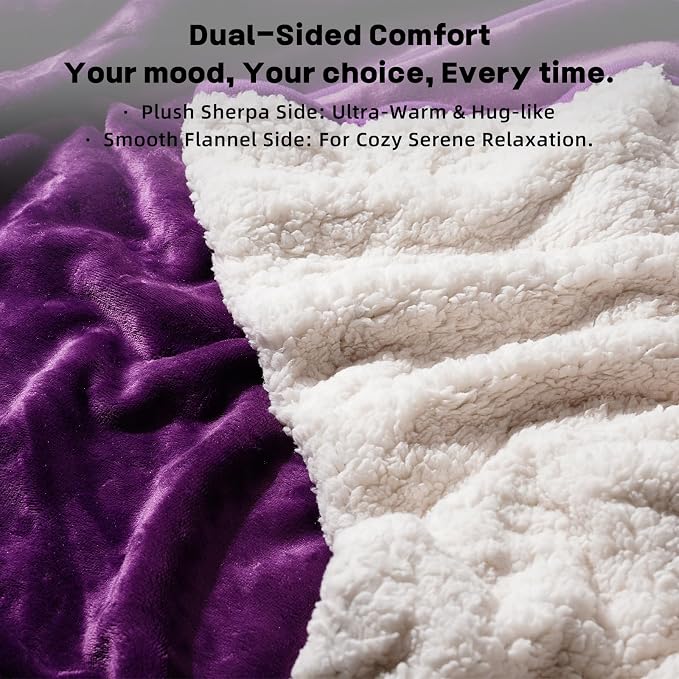 Sunsleek Waterproof Fleece Sherpa Blanket for Bed Sofa Couch Travel, Reversible Soft Throw Blanket for Dog Puppy Cat, Large Pet Blanket Furniture Protector (Purple,80x90 inches)