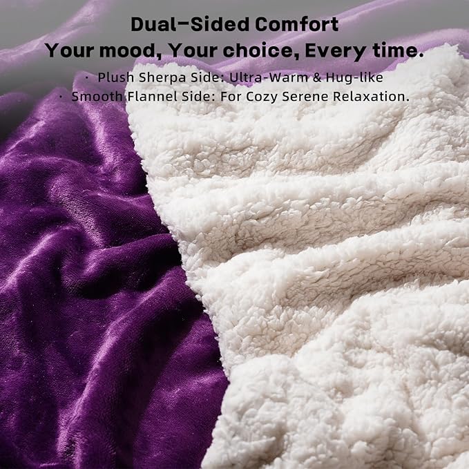 Sunsleek Waterproof Fleece Sherpa Blanket for Bed Sofa Couch Travel, Reversible Soft Throw Blanket for Dog Puppy Cat, Large Pet Blanket Furniture Protector (Purple,80x108 inches)
