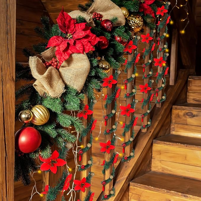 Zhengmy 30 Pcs 20 Inch Christmas Garland Ties with Poinsettia & Ornaments, Decorative Twist Tie for Banister Flexible Pine Stems for Christmas Stairs Railing Banister Decor DIY Craft Gift Wrapping