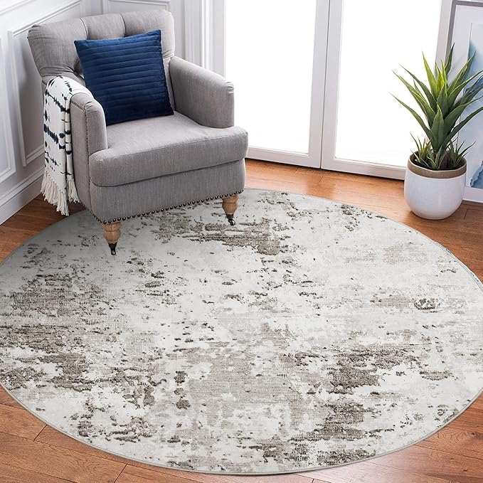 ROYHOME Modern Abstract 4x4 Round Area Rug Non Slip, Taupe/Beige | Non Shedding Rug Low Pile Stain Resistant for Bedroom Living Room office Dining Room