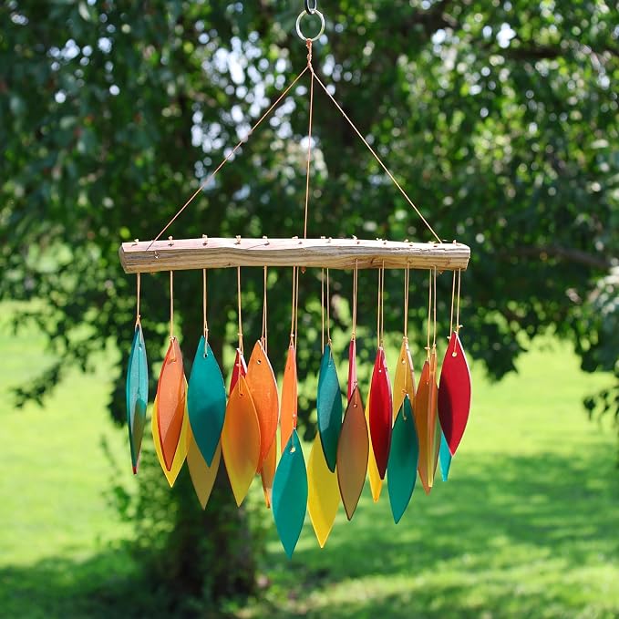 Blue Handworks Santa Fe Glass Leaves Wind Chime | Sandblasted Glass and Found Wood Handcrafted Wind Chime