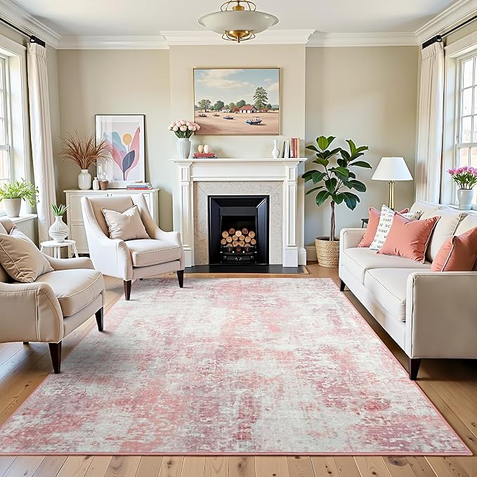 5x7 Pink Washable Area Rug for Living Room Bedroom, Modern Abstract Non-Slip Rugs, Low Pile Soft Stain Resistant Carpet for Dining Room, Office, Dorm Decor