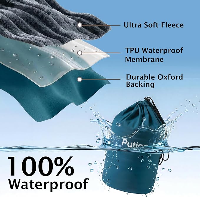 PuTian Waterproof Outdoor Blanket 79"X57" Packable, Stadium & Car Camping Blanket with Corduroy Fleece Lining, Windproof Throw for Picnic Hiking Road Trip, Machine Washable, Blue 350GSM