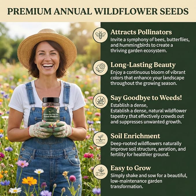 Wildflower Seed Shaker – Awesome Annual Mix by GevaGrow - 2 Ounce Shaker