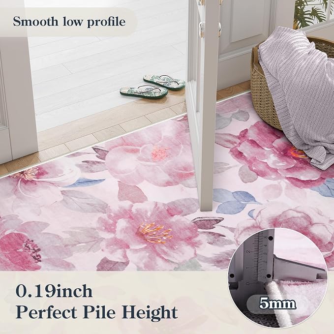 Lahome Pink Floral Area Rug 5x7 for Living Room and Girls Bedroom, Boho | Machine Washable, Non Slip Vintage Low Pile Large Throw Carpet for Dining Room Office