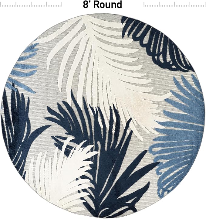 Rugshop Navy Lucca Contemporary Floral Indoor/Outdoor Round Area Rug Durable Polypropylene, Weather Resistant, Easy to Clean Perfect for Patio, Backyard, Deck and Outdoor Lounge 8' Round